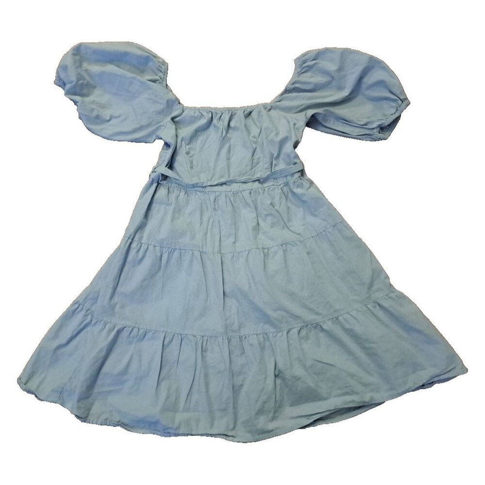 Sim & Sam Dress Light Blue Smocked Tiered Pouf Sleeves Cotton Party Babydoll L